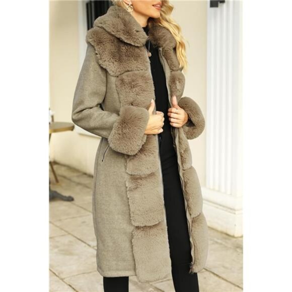 Women's Wool Pea Coat Faux Fur Jacket Winter Warm Parka Overcoat with Belt - Picture 6 of 8